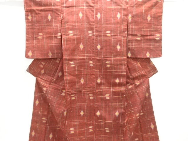 JAPANESE KIMONO / ANTIQUE KIMONO / SILK / HAND WOVEN TSUMUGI / ABSTRACT GRID & ABSTRACT PATTERN